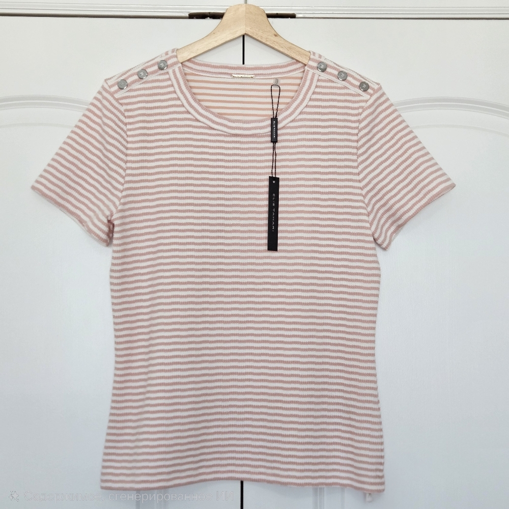 Elie Tahari Pink White Ribbed Knit Top NWT Size L MSRP $285